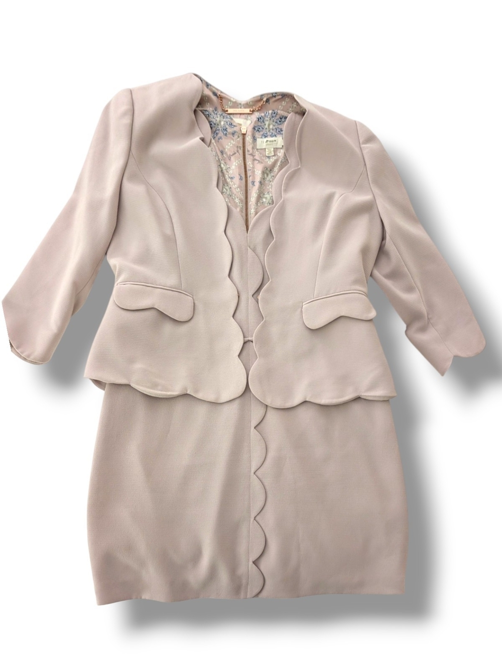 Ted Baker Rubeyed Scallop Edge Dress & Jacket Set In Dusty Pink, Sz 4